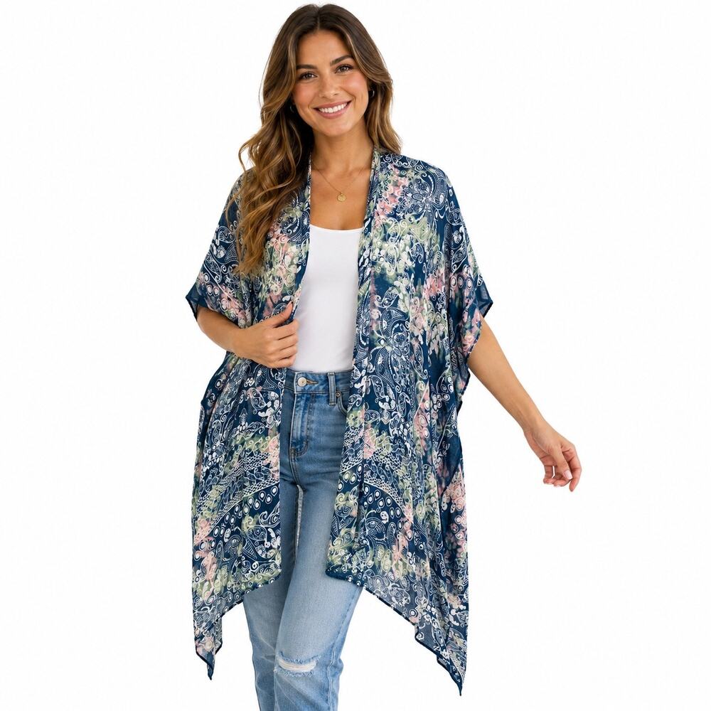Moss Rose Boho Paisley Floral Kimono Cardigan Open Front Duster Cover Up O/S